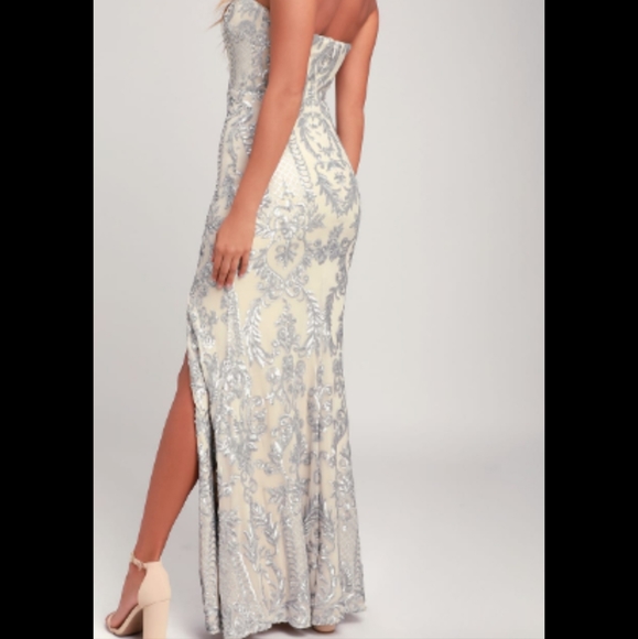 NWT - Bariano - Long Sequined Sweetheart Beige & Silver Dress - Boning in bodice - Picture 5 of 8